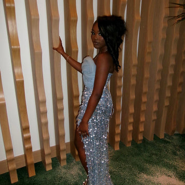 Niulatu Strapless Sheath Blue Long Prom Dresses Tulle Beaded Blue Evening Dresses Birthday Dresses with Slits HZ1026